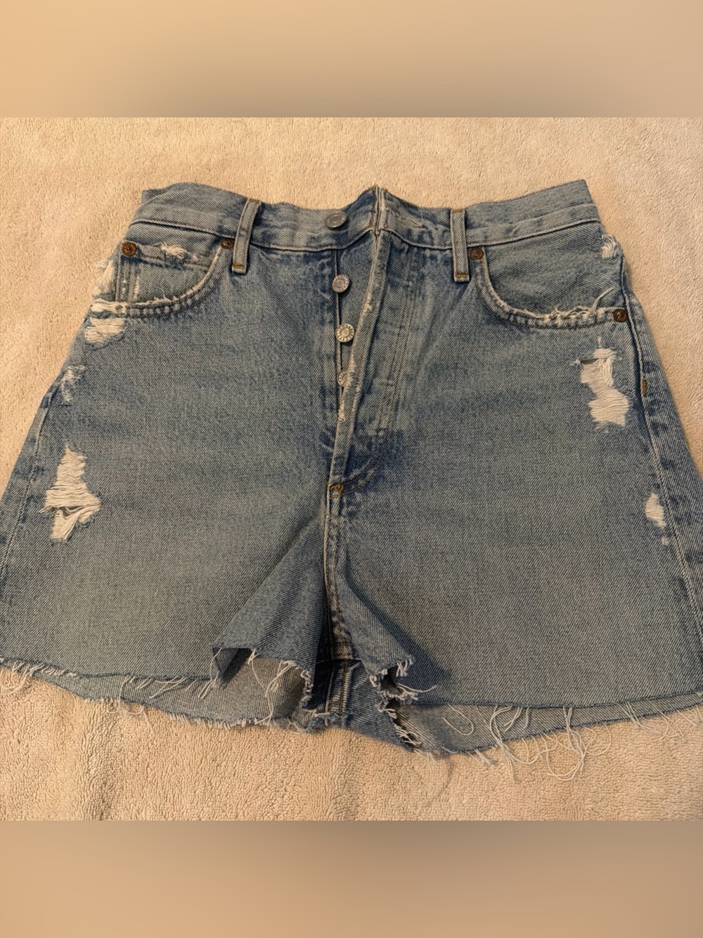 Agolde Light Blue Distressed High-Rise Denim Shorts